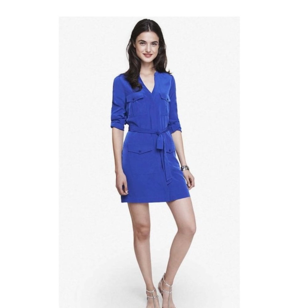 Express Blue Military Shirt Formal Dress XS